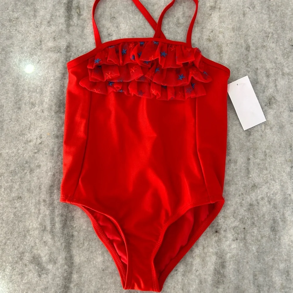 Cat & Jack Red Ruffled Kids Swim One Piece Size 5T